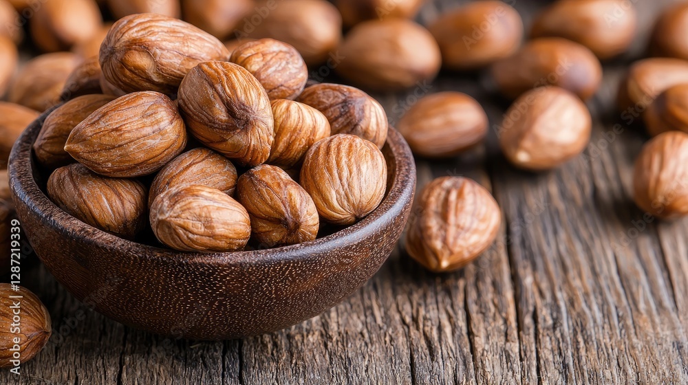 Roasted Hazelnuts in Wooden Bowl on Rustic Tabletop Roasted Hazelnuts in Wooden Bowl on Rustic Tabletop