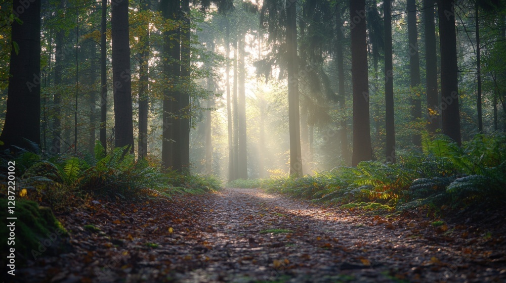 Fototapeta premium Serene Forest Pathway Illuminated by Sunlight