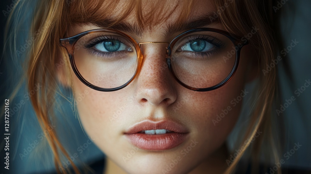 Portrait of a Young Woman with Blue Eyes and Glasses Showcasing a Realistic Visionary Aesthetic in a Modern Space Portrait of a Young Woman with Blue Eyes and Glasses Showcasing a Realistic Visionary Aesthetic in a Modern Space