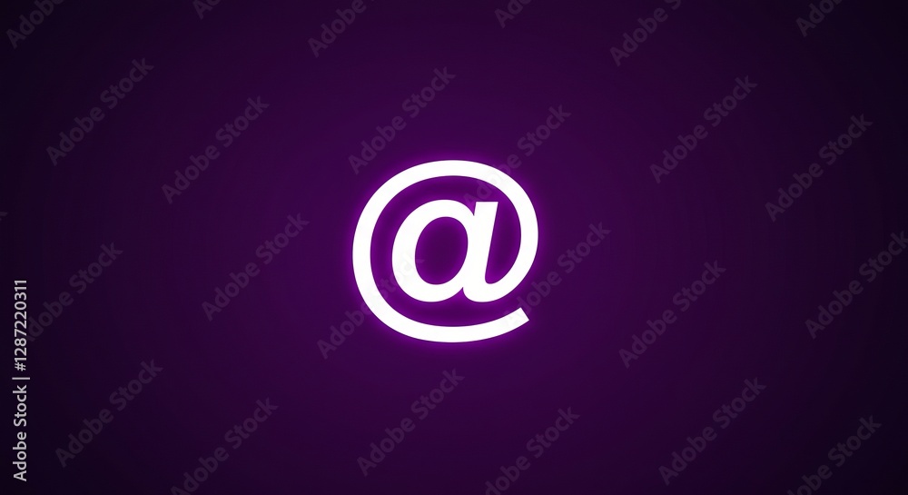 Neon glowing email symbol on dark purple background Neon glowing email symbol on dark purple background