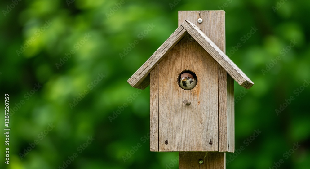 Charming birdhouse with perched sparrow amidst lush green background in springtime Charming birdhouse with perched sparrow amidst lush green background in springtime