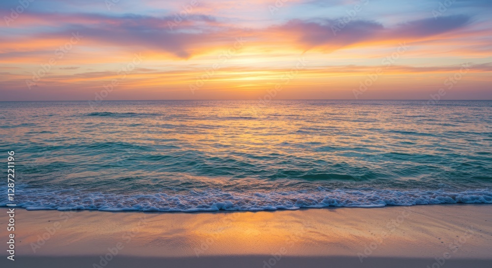 Serene sunset over calm ocean waves on sandy beach Serene sunset over calm ocean waves on sandy beach