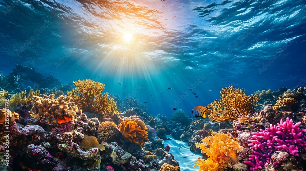 Fototapeta premium Underwater view of coral reef with fishes and rays of light.