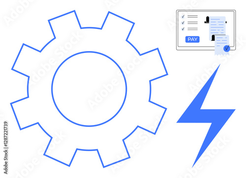 Large blue gear, lightning bolt, and digital invoice with PAY hinting at automation. Ideal for technology, billing software, energy management, financial transactions, digital solutions, business