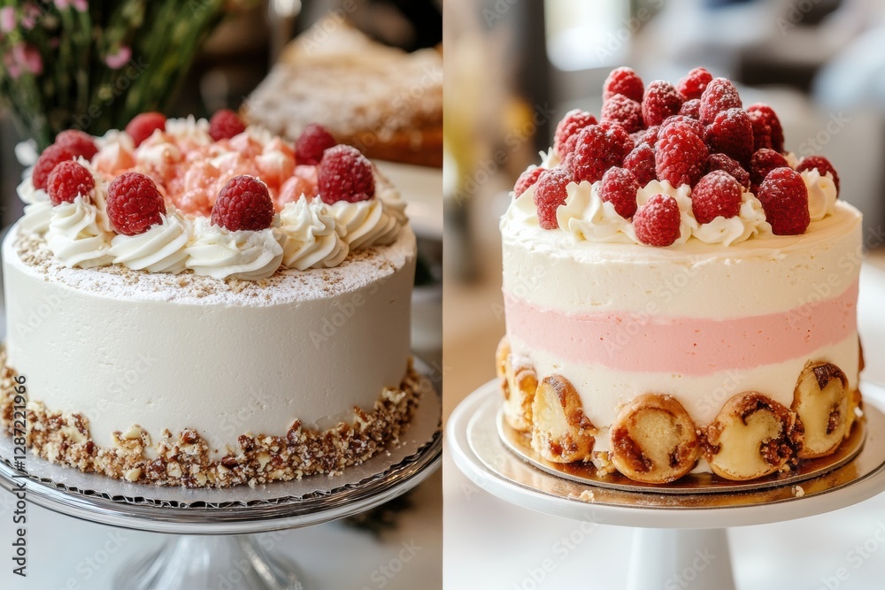 Delicious assortment of raspberry cakes displayed in a bakery during a sunny afternoon. Generative AI Delicious assortment of raspberry cakes displayed in a bakery during a sunny afternoon. Generative AI