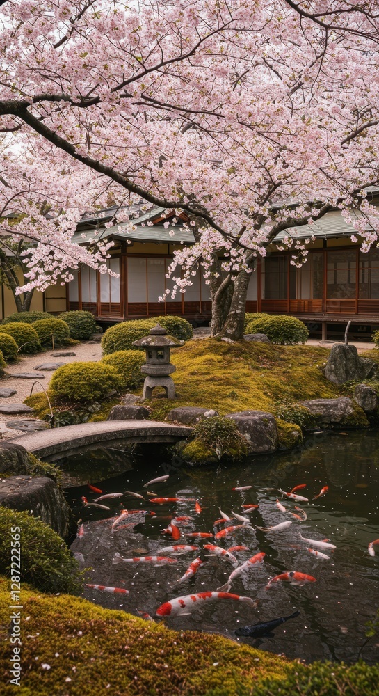 Serene japanese garden with cherry blossoms and koi pond in spring
