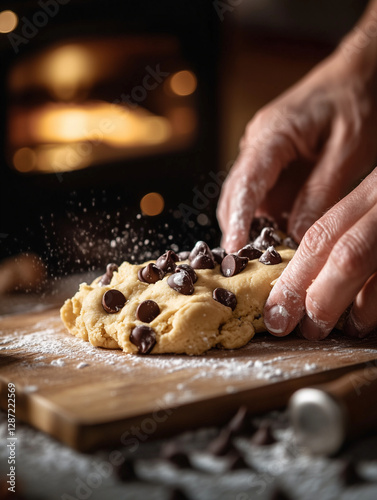 hands shaping cookie dough on a wooden board