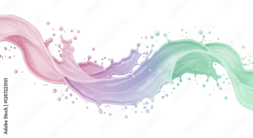 Colorful fluid wave: pink, purple, and green liquid swirl with dynamic droplets Colorful fluid wave: pink, purple, and green liquid swirl with dynamic droplets