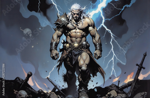 Heroic Fantasy Portrait of a Fierce Berserker Warrior Unleashing Unstoppable Power with Thunderstrike Energy Strength and Valor in Epic Battle Scene Strong Character Art for Fantasy Themed Illustratio photo