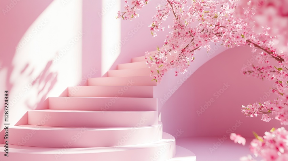 Obraz premium Pink staircase, cherry blossoms, sunlit room, product display