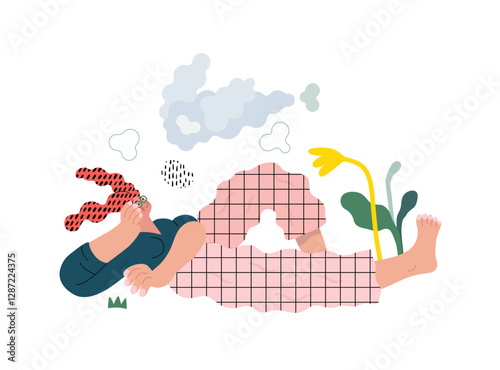 Life Unframed: Cloud dreamer -modern flat vector concept illustration of a girl watching clouds. Metaphor of unpredictability, imagination, whimsy, cycle of existence, play, growth and discovery