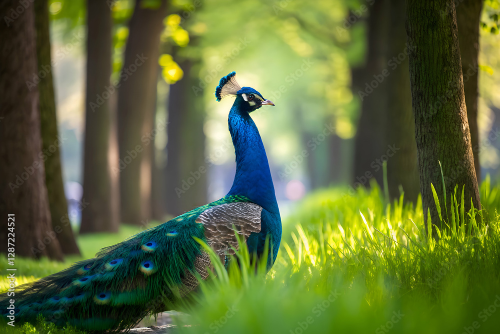 Fototapeta premium Mesmerizing pavo real walking through a lush green forest, its dazzling feathers glowing in the sunlight creating a magical scene