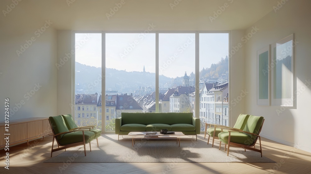 Fototapeta premium Bright modern living room with a city view behind windows