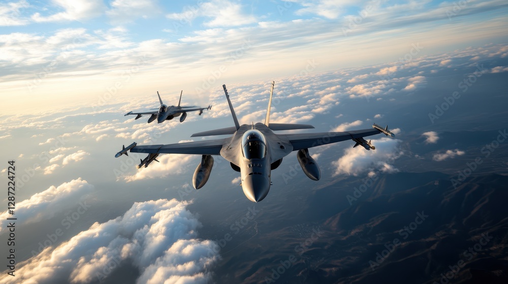 Jet fighters soar through the sunset above a blanket of clouds Jet fighters soar through the sunset above a blanket of clouds