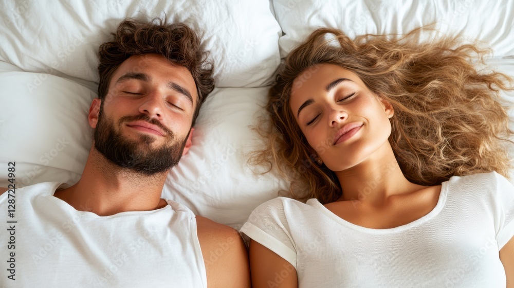 Cheerful couple enjoying quality time together on a cozy bed Cheerful couple enjoying quality time together on a cozy bed
