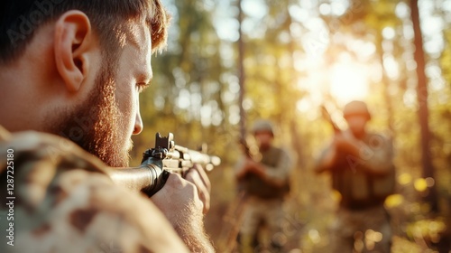 Soldier aiming weapon in woodland during border patrol mission photo