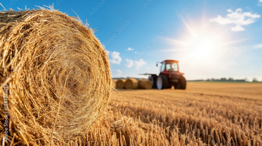 Obraz premium Harvesting hay under a radiant sun in a vast open field