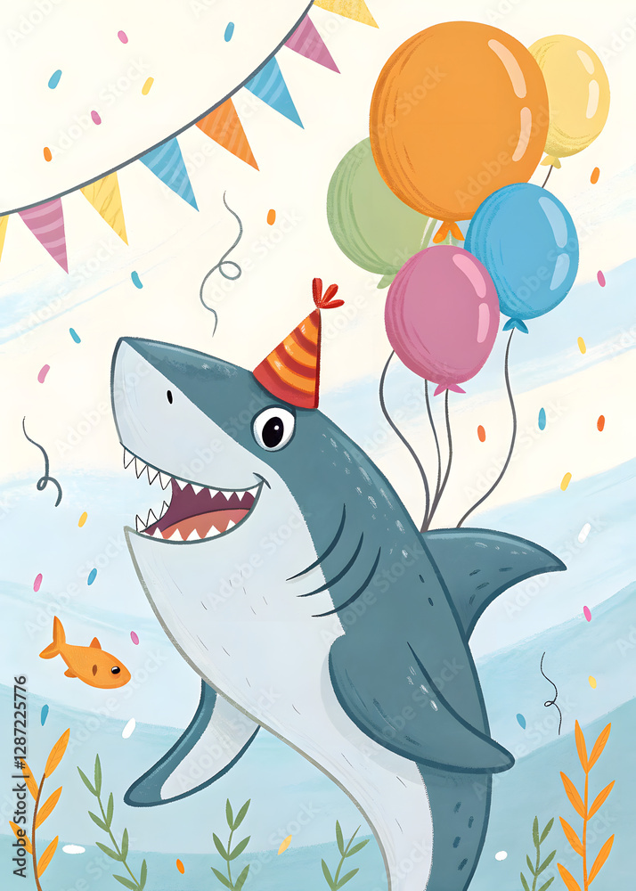 Naklejka premium happy cartoon shark in the party hat birthday greeting card with balloons 