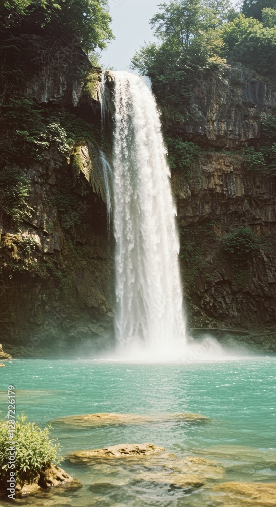 Fototapeta premium Majestic waterfall cascading into turquoise pool surrounded by lush greenery