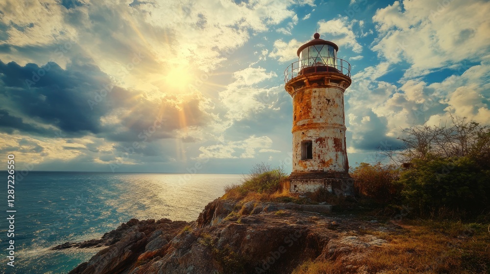 Sunlit Lighthouse on Rocky Coast, Dramatic Sky Sunlit Lighthouse on Rocky Coast, Dramatic Sky
