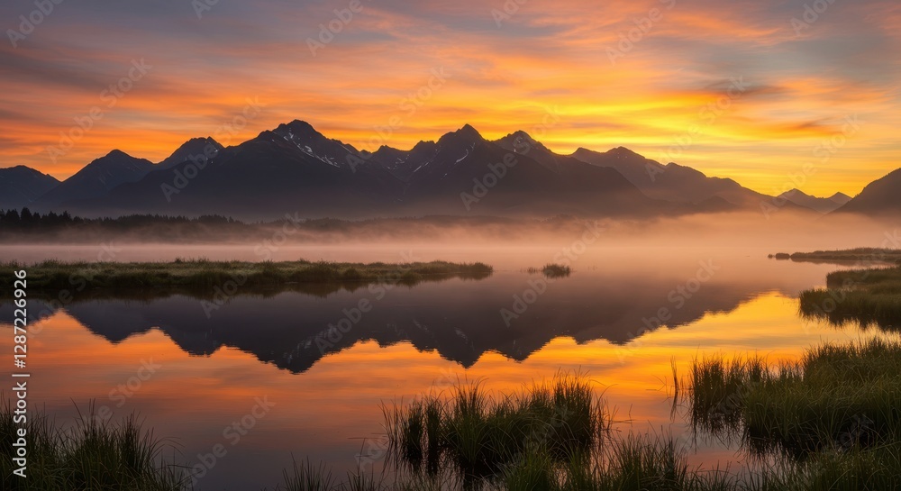 Fototapeta premium Tranquil mountain sunrise reflection over misty alpine lake