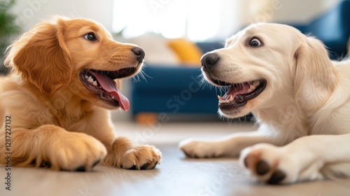 Playful puppy and adult English setters enjoying a lively moment indoors