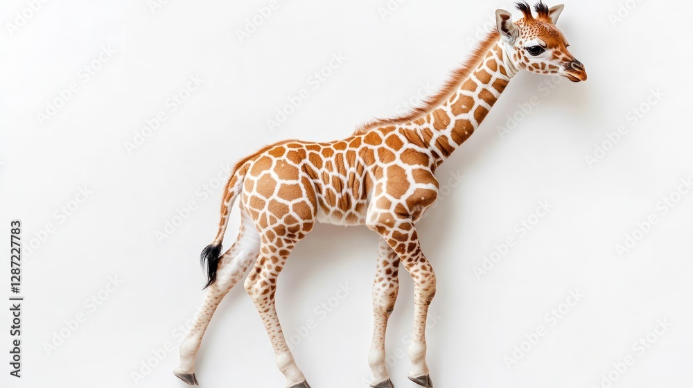 Obraz premium Baby giraffe standing, white background, studio, wildlife photography, animal print