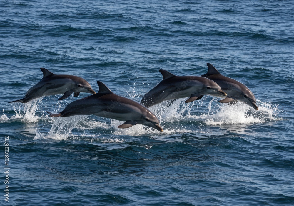 Playful dolphins leaping gracefully over ocean waves in synchrony