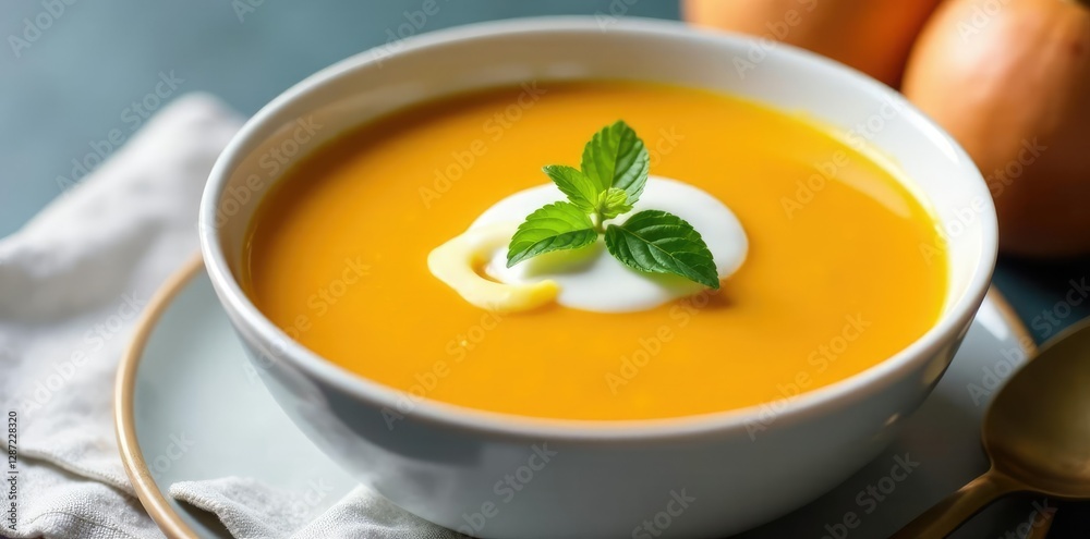 Velvety-smooth butternut squash soup served in a white ceramic bowl with a dollop of cr?me fra?che on top, soup, butternut, squash Velvety-smooth butternut squash soup served in a white ceramic bowl with a dollop of cr?me fra?che on top, soup, butternut, squash