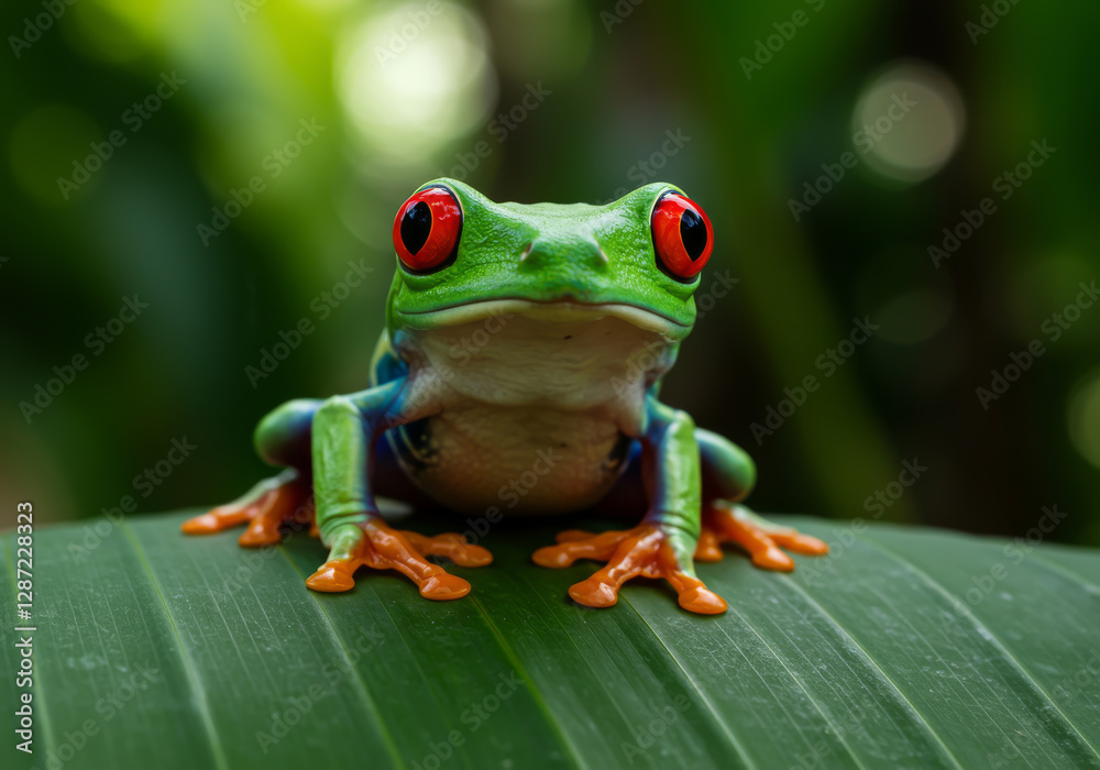 Fototapeta premium Red eyed tree frog sits upon a large green leaf
