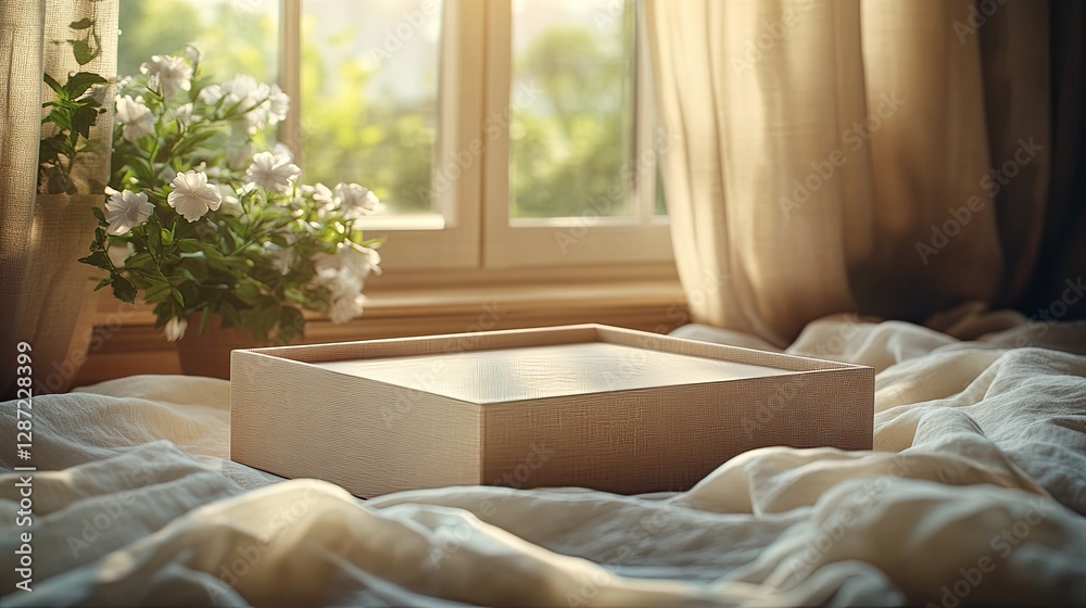 A wooden tray and flowers rest near a sunlit window A wooden tray and flowers rest near a sunlit window