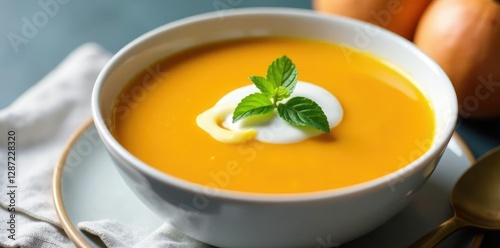 Velvety-smooth butternut squash soup served in a white ceramic bowl with a dollop of cr?me fra?che on top, soup, butternut, squash