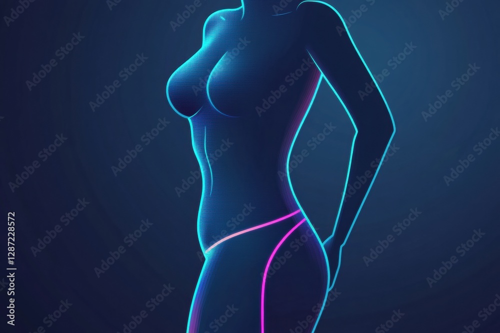 Minimalist illustration of a slim female silhouette featuring a glowing waistline against a dark background. Generative AI Minimalist illustration of a slim female silhouette featuring a glowing waistline against a dark background. Generative AI