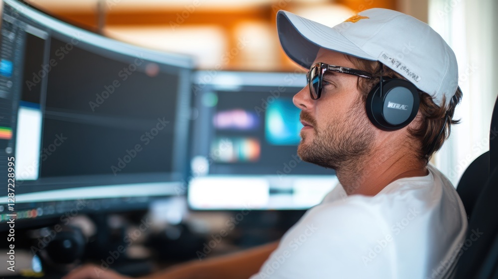 Creative content creator immersed in video editing in home studio Creative content creator immersed in video editing in home studio
