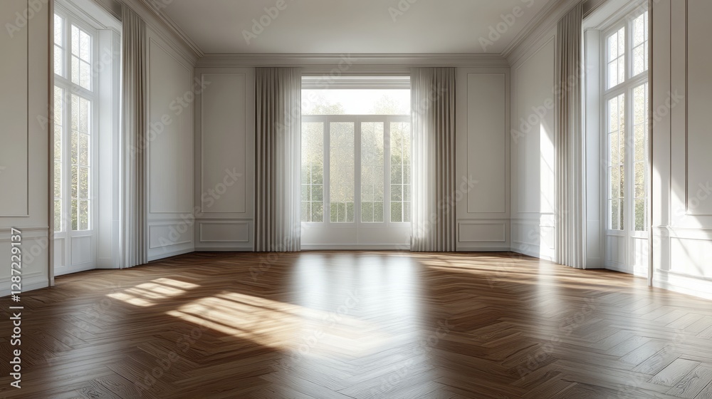 Elegant empty room with large windows and herringbone floor Elegant empty room with large windows and herringbone floor