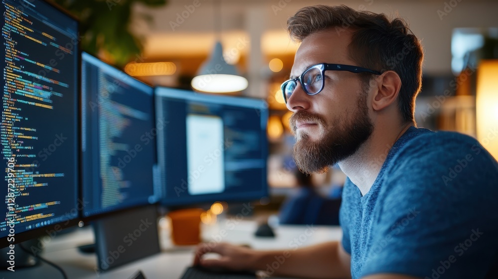 Collaborative coding in a modern tech workspace with multiple monitors Collaborative coding in a modern tech workspace with multiple monitors