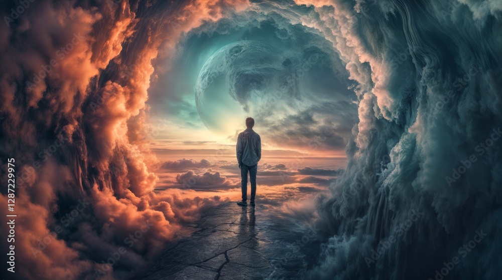 A person stands at the edge of a mountain path, surrounded by clouds, with a stunning view of the surrounding landscape.. A person stands at the edge of a mountain path, surrounded by clouds, with a stunning view of the surrounding landscape..