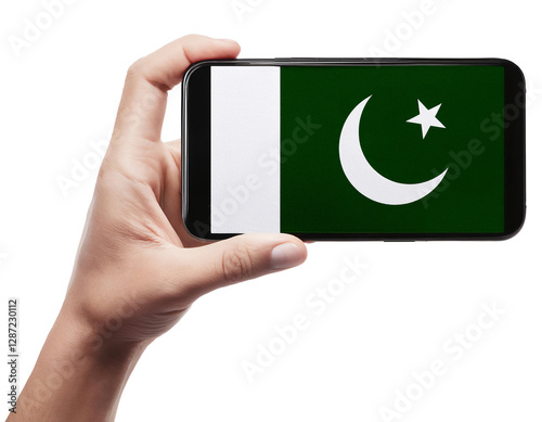 パキスタンの国旗が画面に表示されているスマートフォンを持つ手。白背景。(Hand holding smartphone, screen is Pakistan flag. on white background.)
 photo