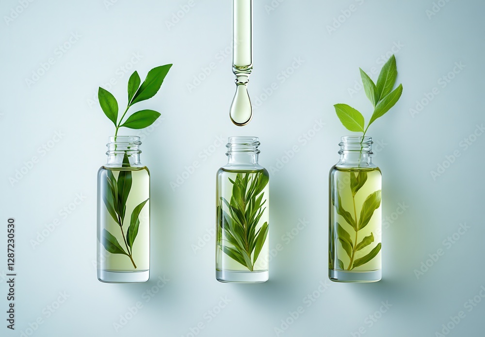 custom made wallpaper toronto digitalGlass containers filled with fresh green leaves and natural liquid drops symbolize organic skincare, wellness, and the essence of nature in beauty products.