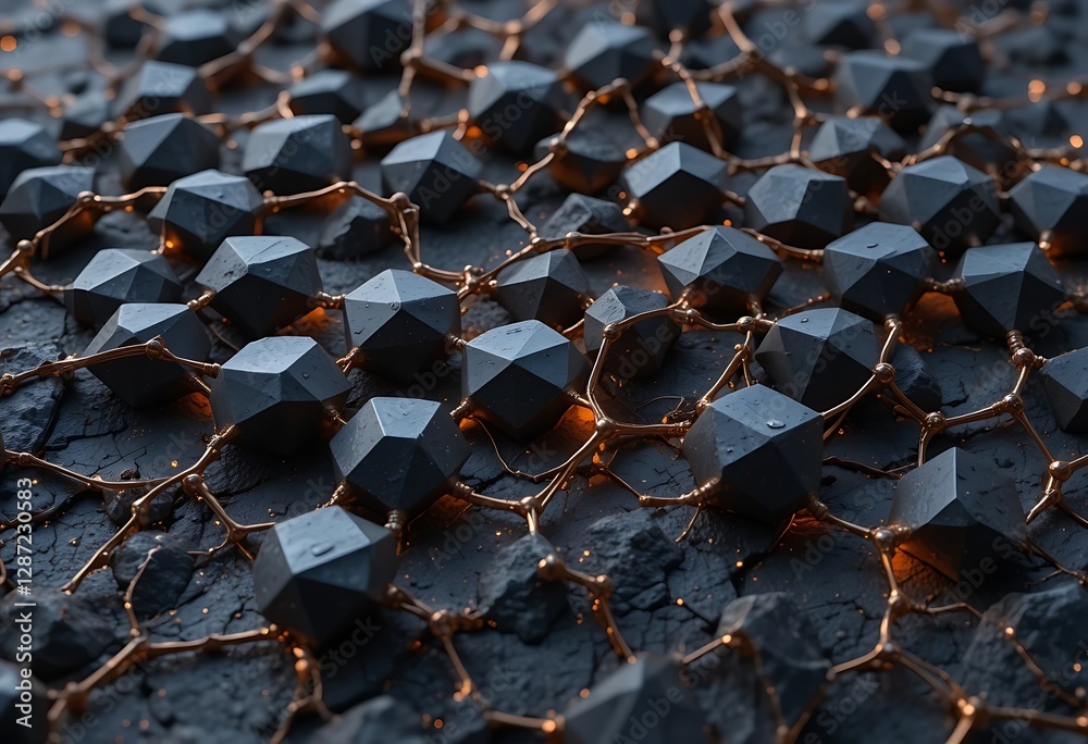 Fototapeta premium Dark gray multifaceted rock structures connected by intricate golden threads