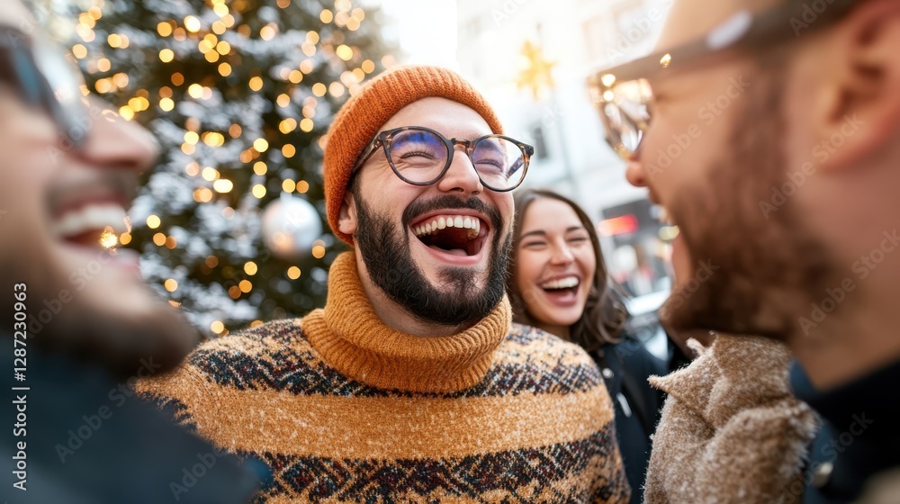 Friends share laughter in festive sweaters by a beautiful Christmas tree Friends share laughter in festive sweaters by a beautiful Christmas tree
