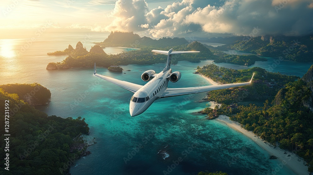 Fototapeta premium Luxury Private Jet Soaring Over Tropical Paradise