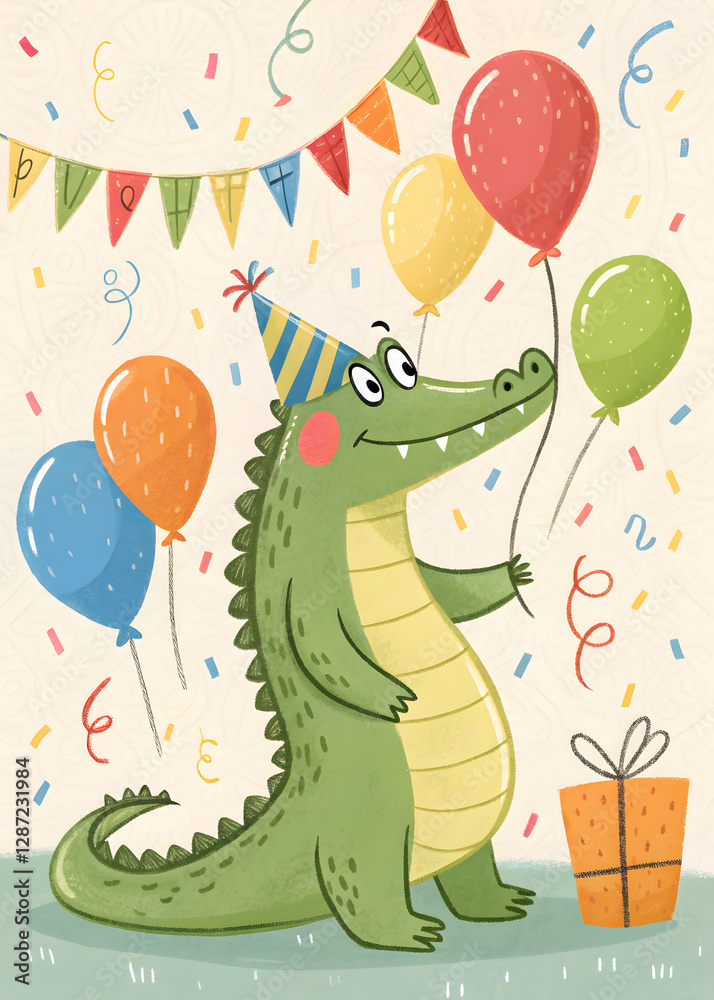 Naklejka premium happy cartoon alligator in the party hat birthday greeting card with balloons 