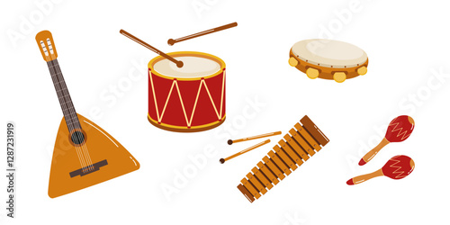 Musical instruments including guitar, drums, tambourine, and xylophone arranged creatively
