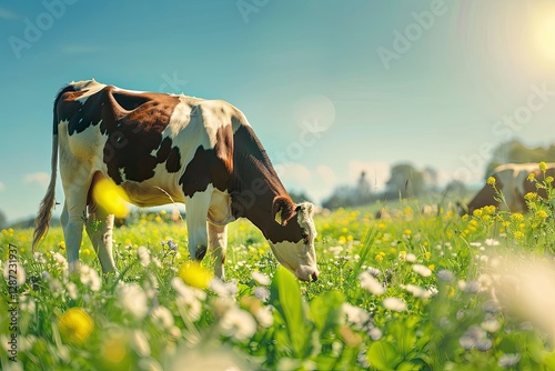 High Resolution of Cows Grazing in a Sunny Meadow in Spring