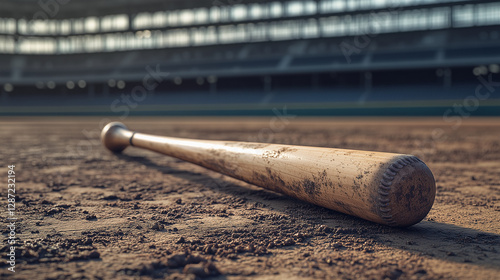 Worn Baseball Bat Resting on Dusty Infielder s Dirt at Stadium photo