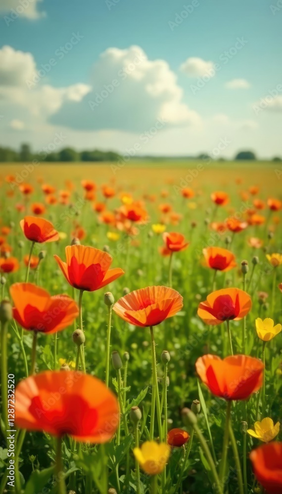 A carpet of colorful poppies in a meadow field, Field, Orange, Yellow A carpet of colorful poppies in a meadow field, Field, Orange, Yellow