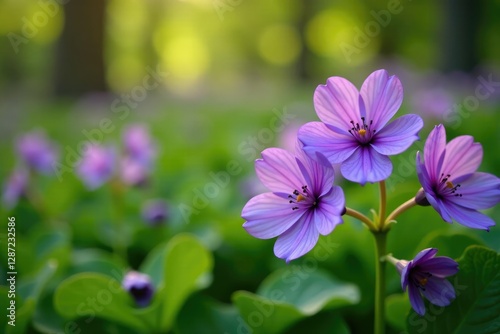 Violet hepatica flowers in a lush green garden, clear stamens, spring flowers, flower fields