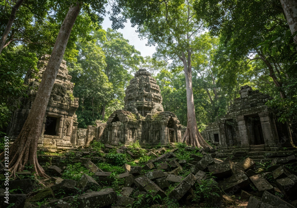 Ancient temple ruins in lush jungle: mystical atmosphere and historical architecture Ancient temple ruins in lush jungle: mystical atmosphere and historical architecture