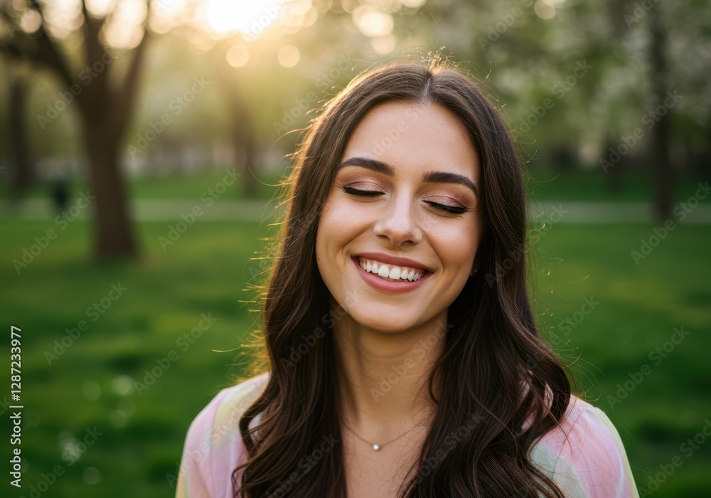 Young woman smiling outdoors in sunlit park at sunset Young woman smiling outdoors in sunlit park at sunset